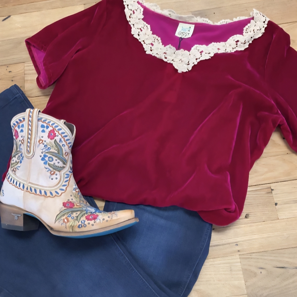 Jaded Gypsy Velvet Blouse with Lace Trim NWOT